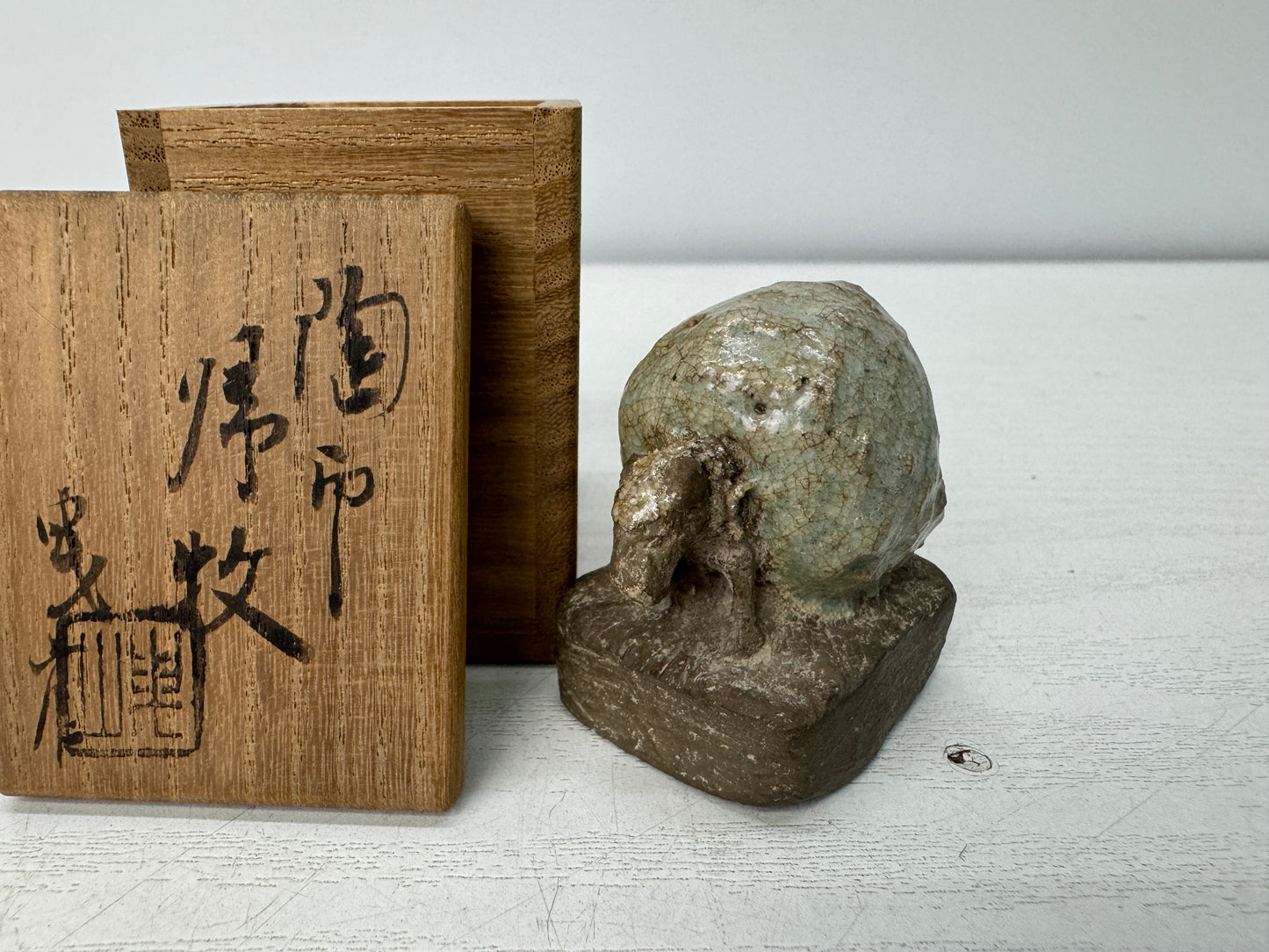 Y10912 STAMP MATERIAL ceramic Sheep signed box Japan antique hanko inkan seal