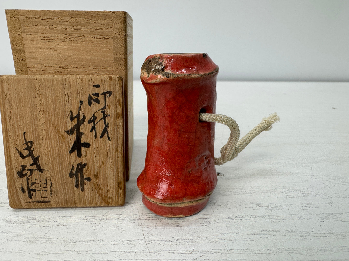 Y10913 STAMP MATERIAL ceramic Bamboo signed box Japan antique hanko inkan seal