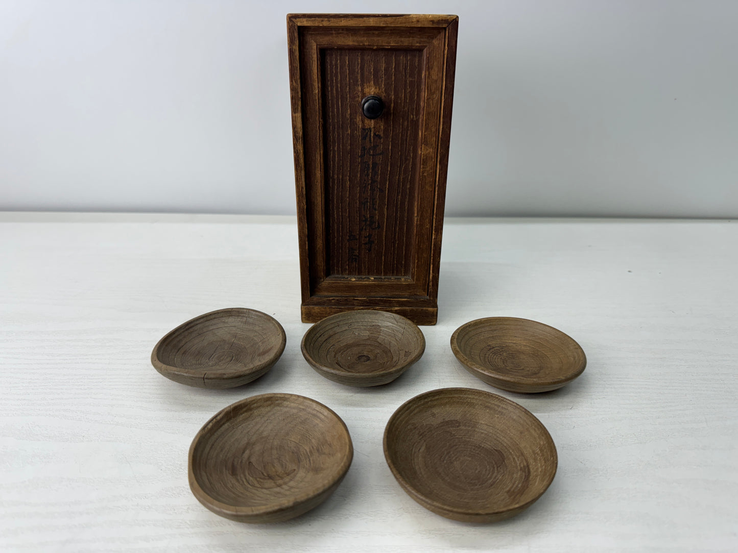 Y10942 DISH small wooden plate set of 5 box  Japan antique folk art tableware