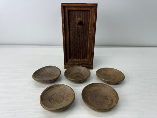 Y10942 DISH small wooden plate set of 5 box  Japan antique folk art tableware