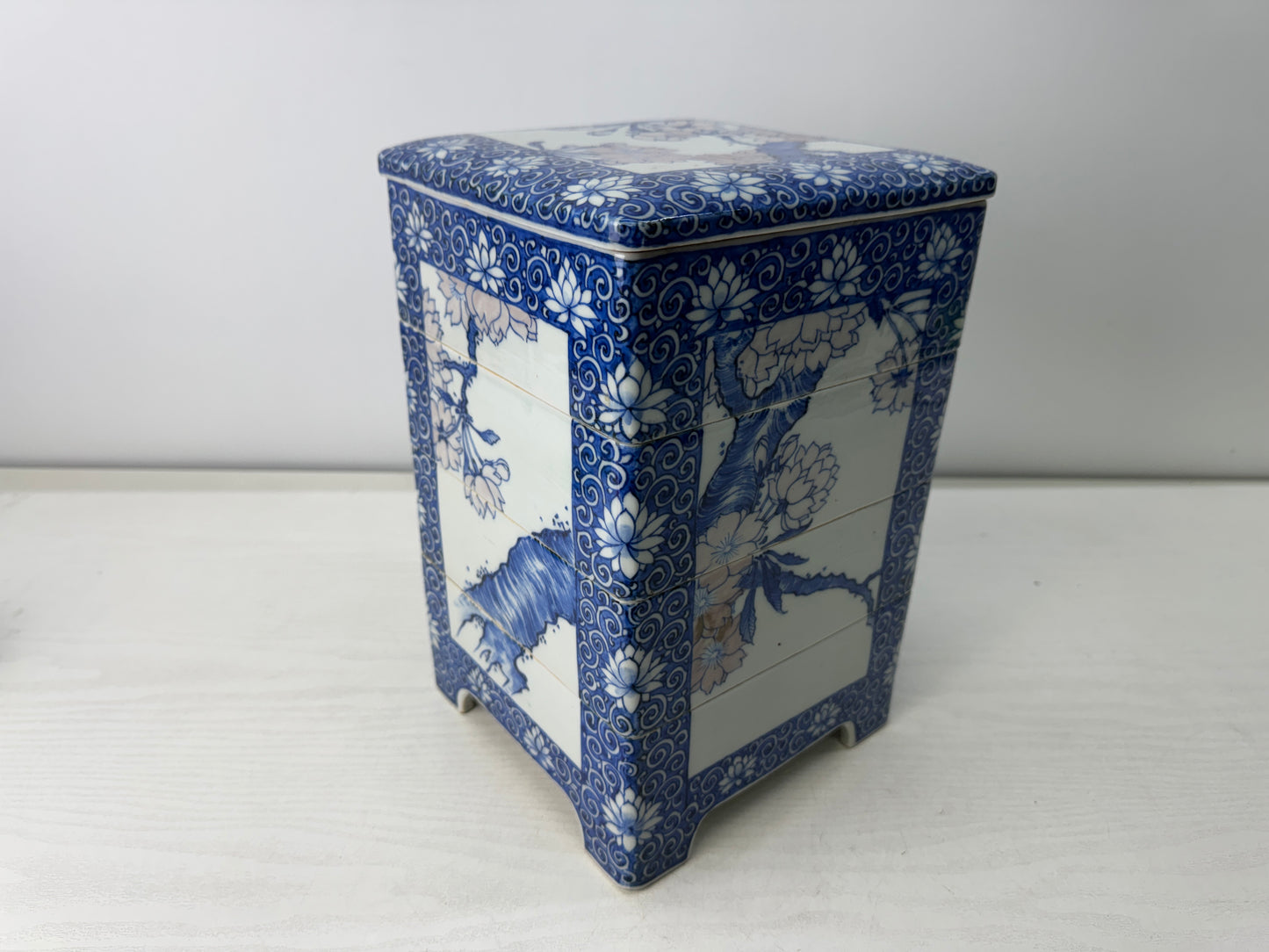 Y10944 BOX Seto-ware stacked food container Cherry blossom Japan antique kitchen