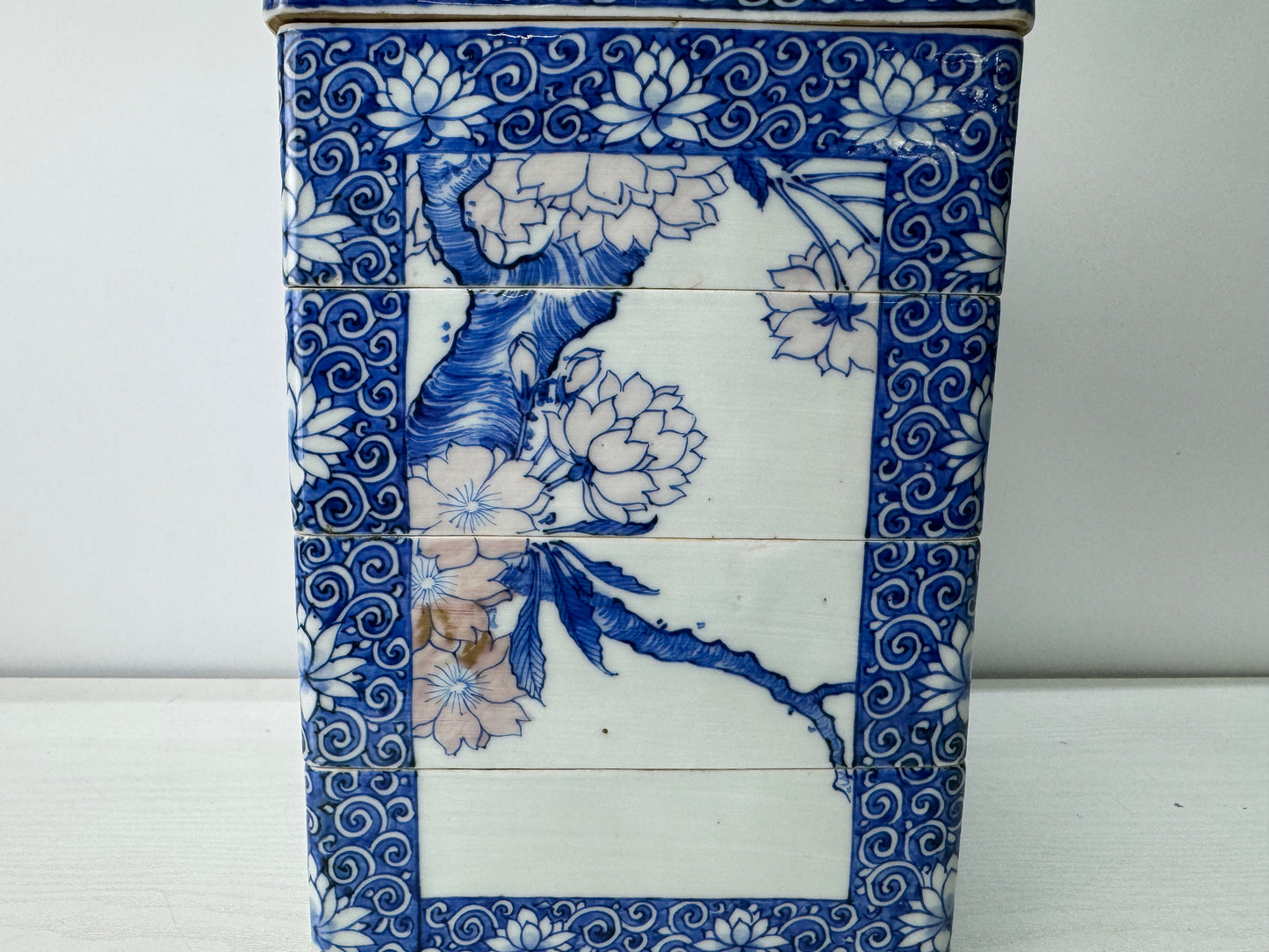 Y10944 BOX Seto-ware stacked food container Cherry blossom Japan antique kitchen
