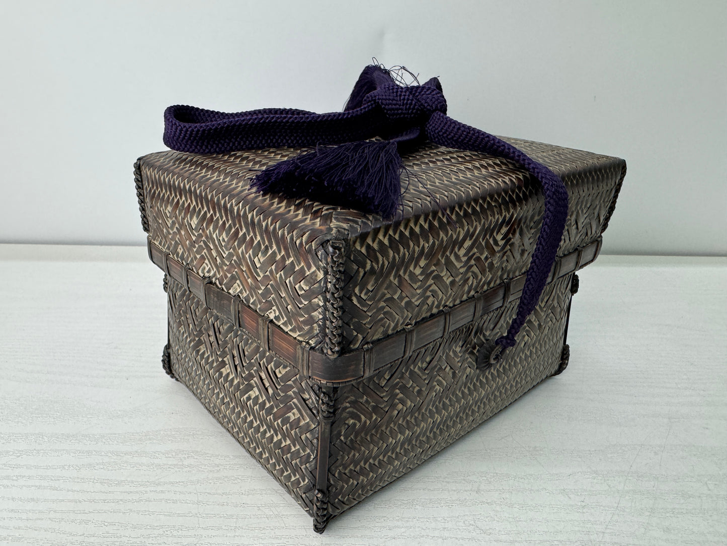 Y10945 Bamboo Woven Basket Tea ceremony utensils set box signed Japan antique