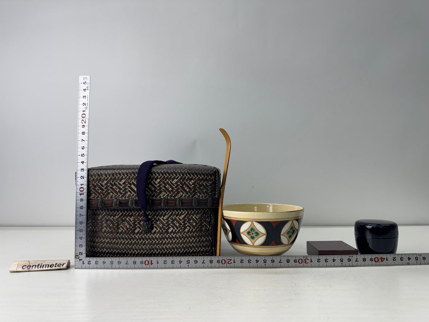 Y10945 Bamboo Woven Basket Tea ceremony utensils set box signed Japan antique