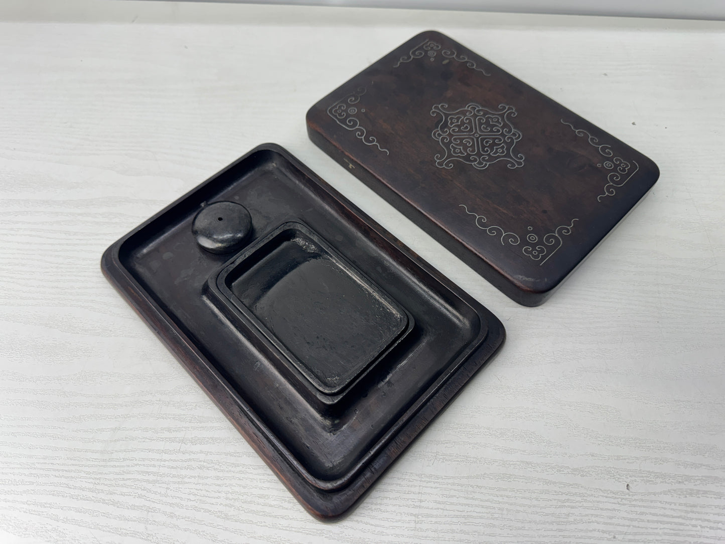 Y10947 BOX Karaki wood inkstone case silver inlay callligraphy Japan antique