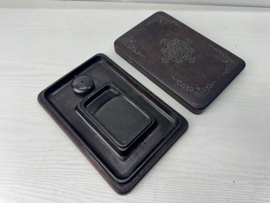 Y10947 BOX Karaki wood inkstone case silver inlay callligraphy Japan antique