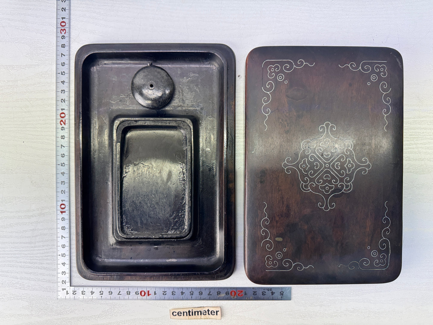 Y10947 BOX Karaki wood inkstone case silver inlay callligraphy Japan antique