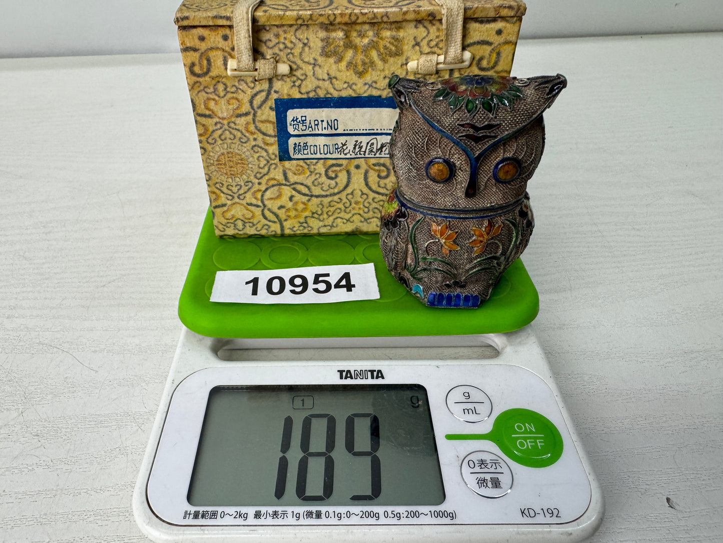 Y10954 BOX Silver Cloisonne Owl accessory case trinket container China antique