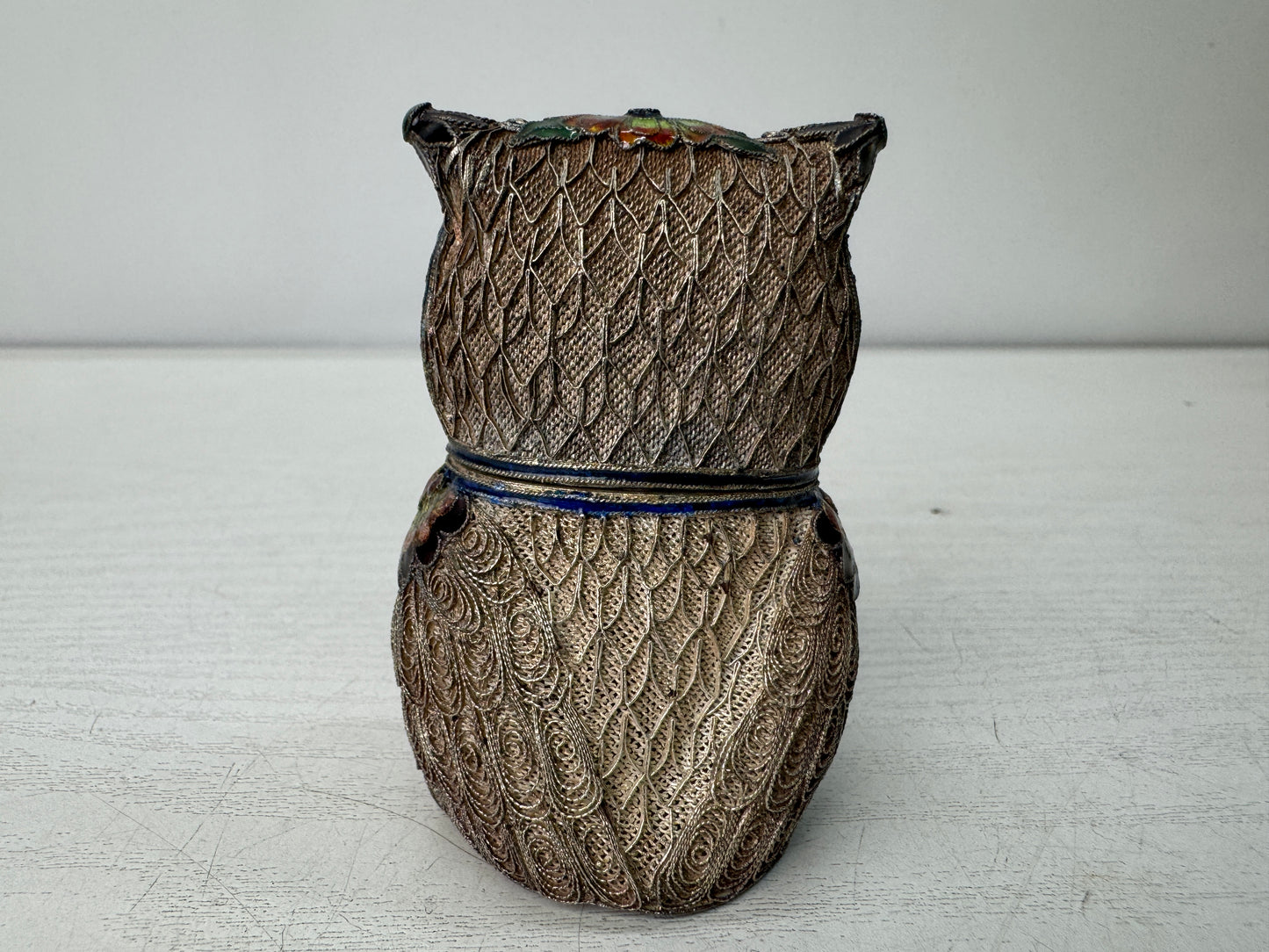 Y10954 BOX Silver Cloisonne Owl accessory case trinket container China antique