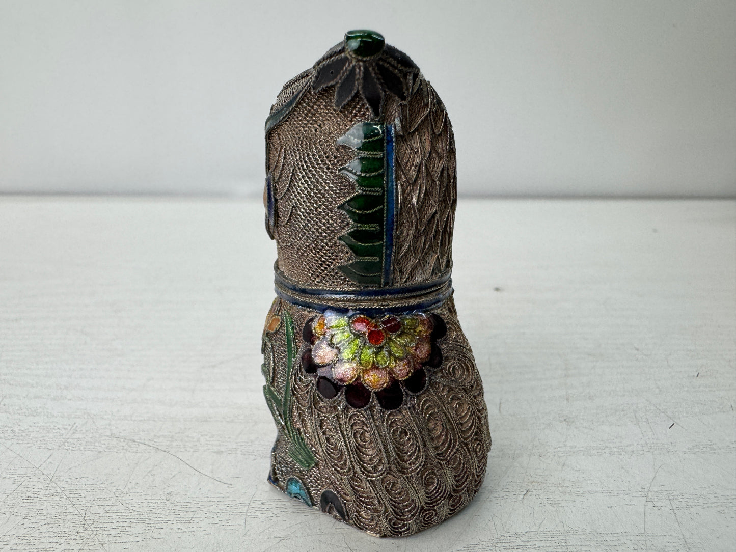 Y10954 BOX Silver Cloisonne Owl accessory case trinket container China antique