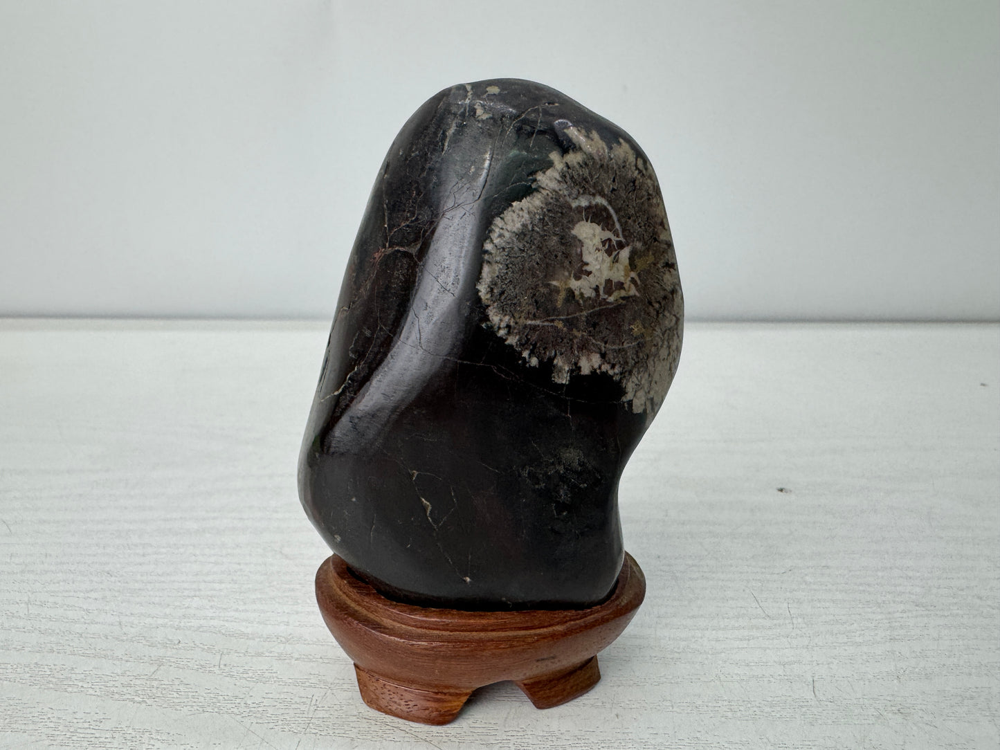 Y10960 OKIMONO Chrysanthemum stone wooden stand suiseki Japan antique interior