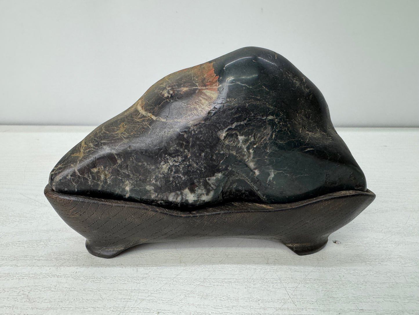 Y10961 OKIMONO Chrysanthemum stone wooden stand suiseki Japan antique interior