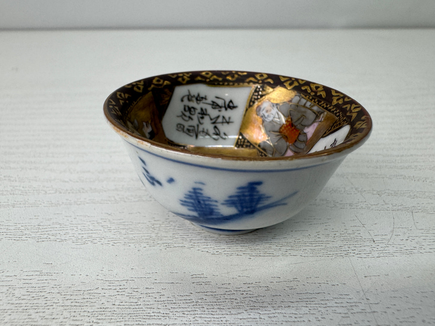 Y10970 CHAWAN Kutani-ware Sake cup set of 5 signed color picture Japan antique