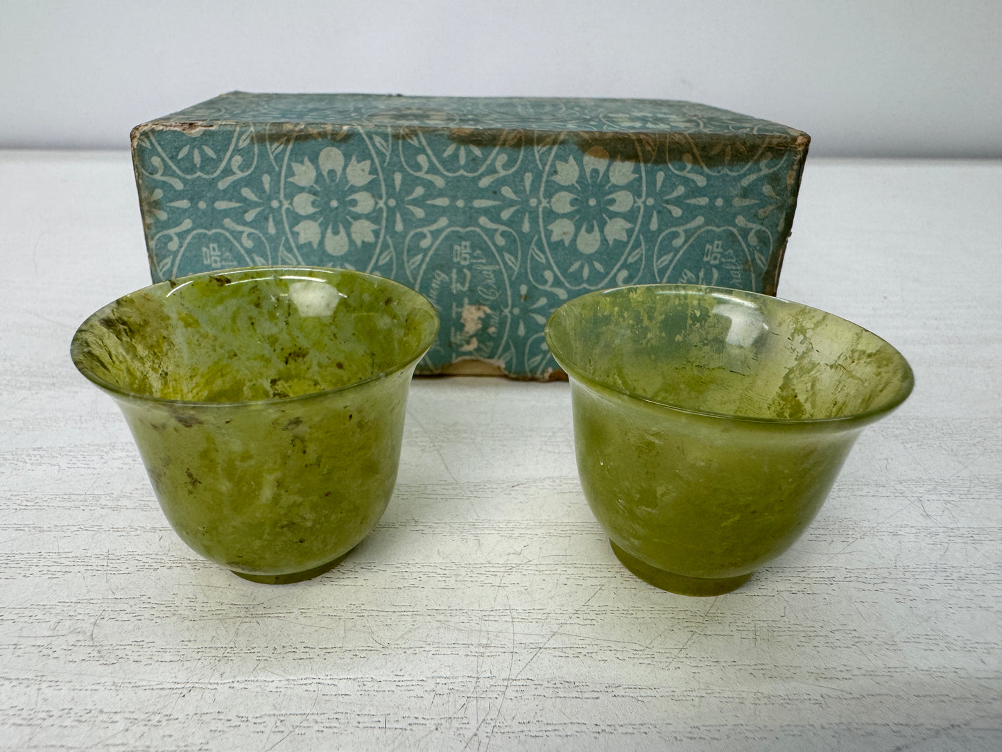 Y10983 CHAWAN Green stone Sake cup set of 2 box Japan antique