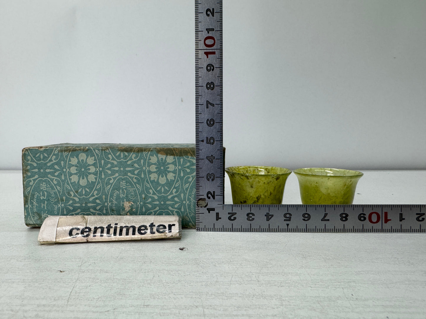 Y10983 CHAWAN Green stone Sake cup set of 2 box Japan antique