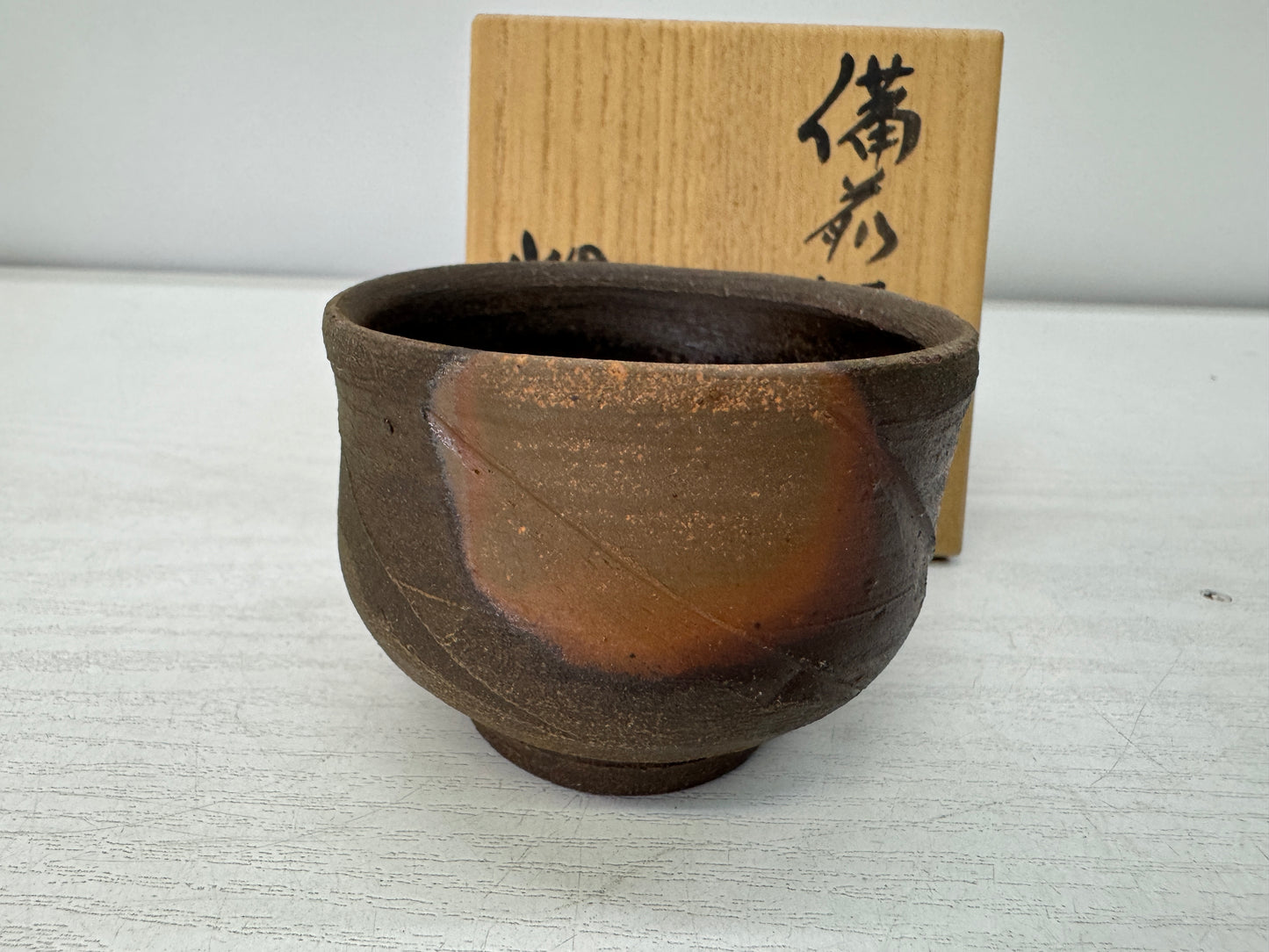 Y10988 CHAWAN Bizen-ware Sake cup signed box Japan antique tableware pottery