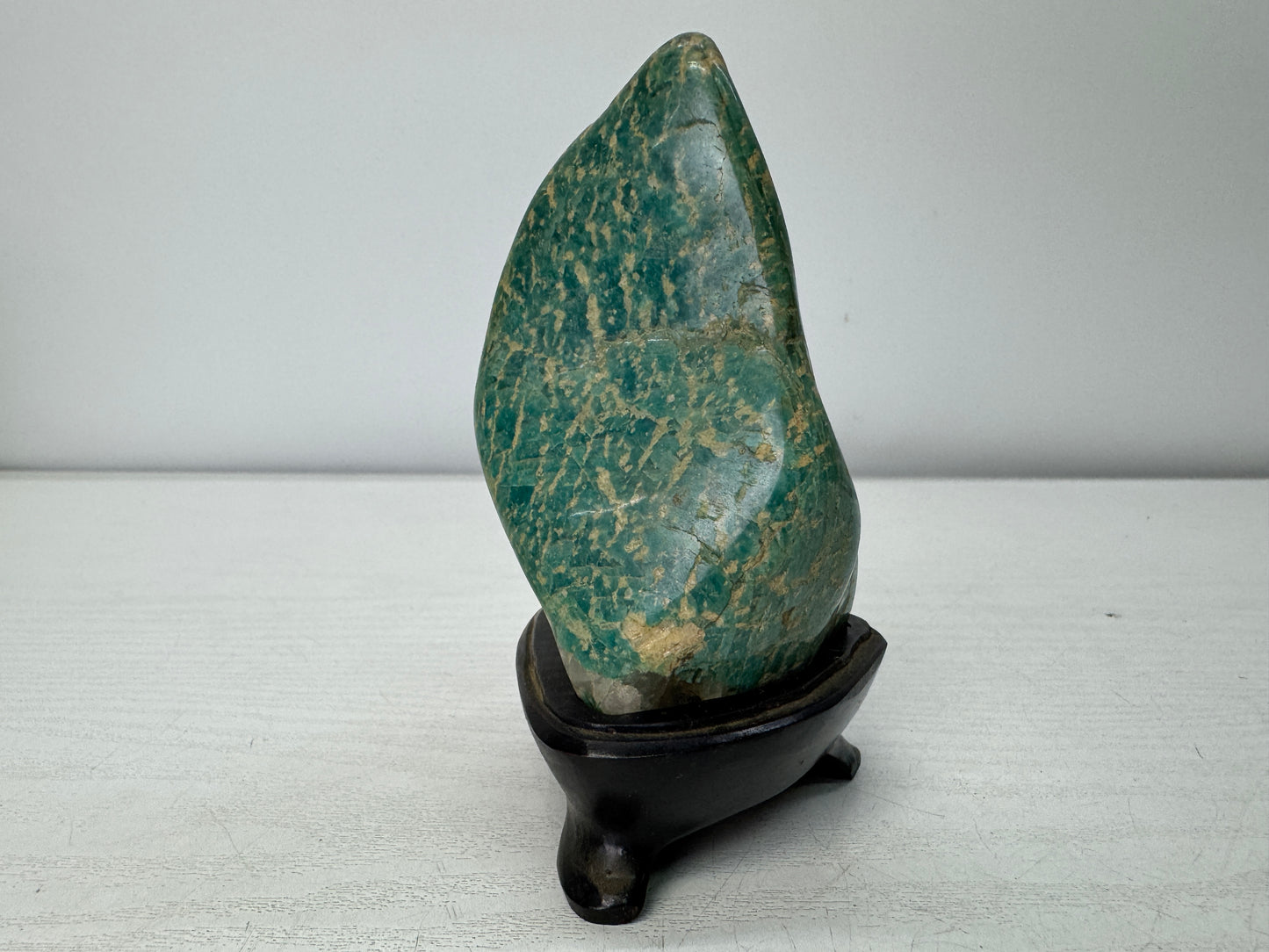 Y10993 OKIMONO Green natural viewing stone wooden stand Japan antique interior