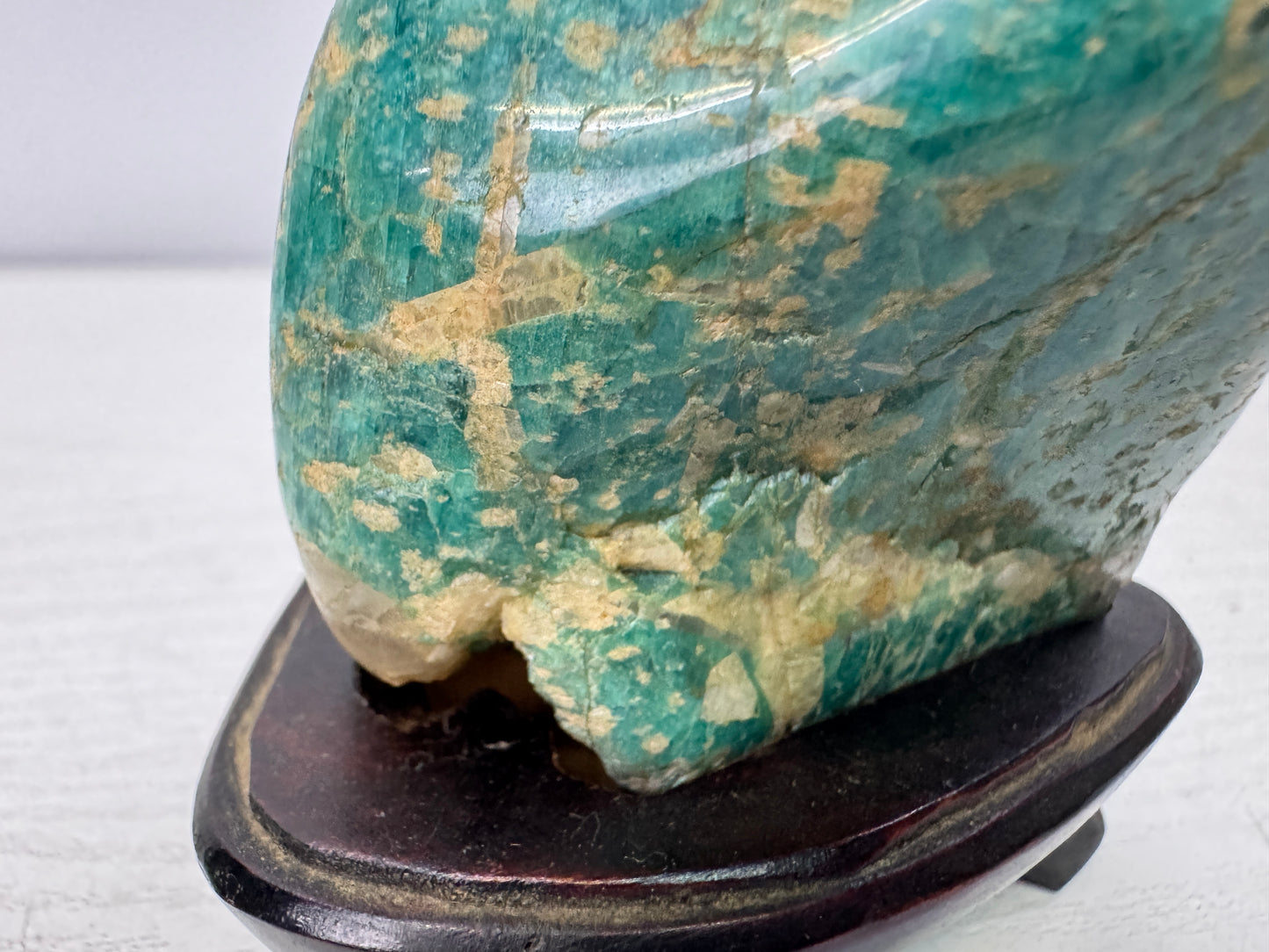 Y10993 OKIMONO Green natural viewing stone wooden stand Japan antique interior