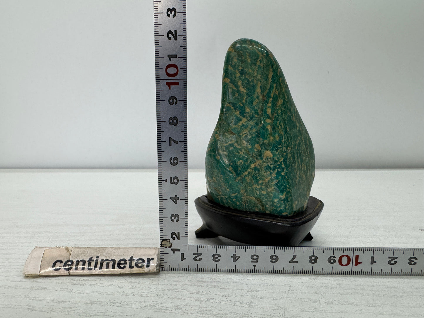Y10993 OKIMONO Green natural viewing stone wooden stand Japan antique interior