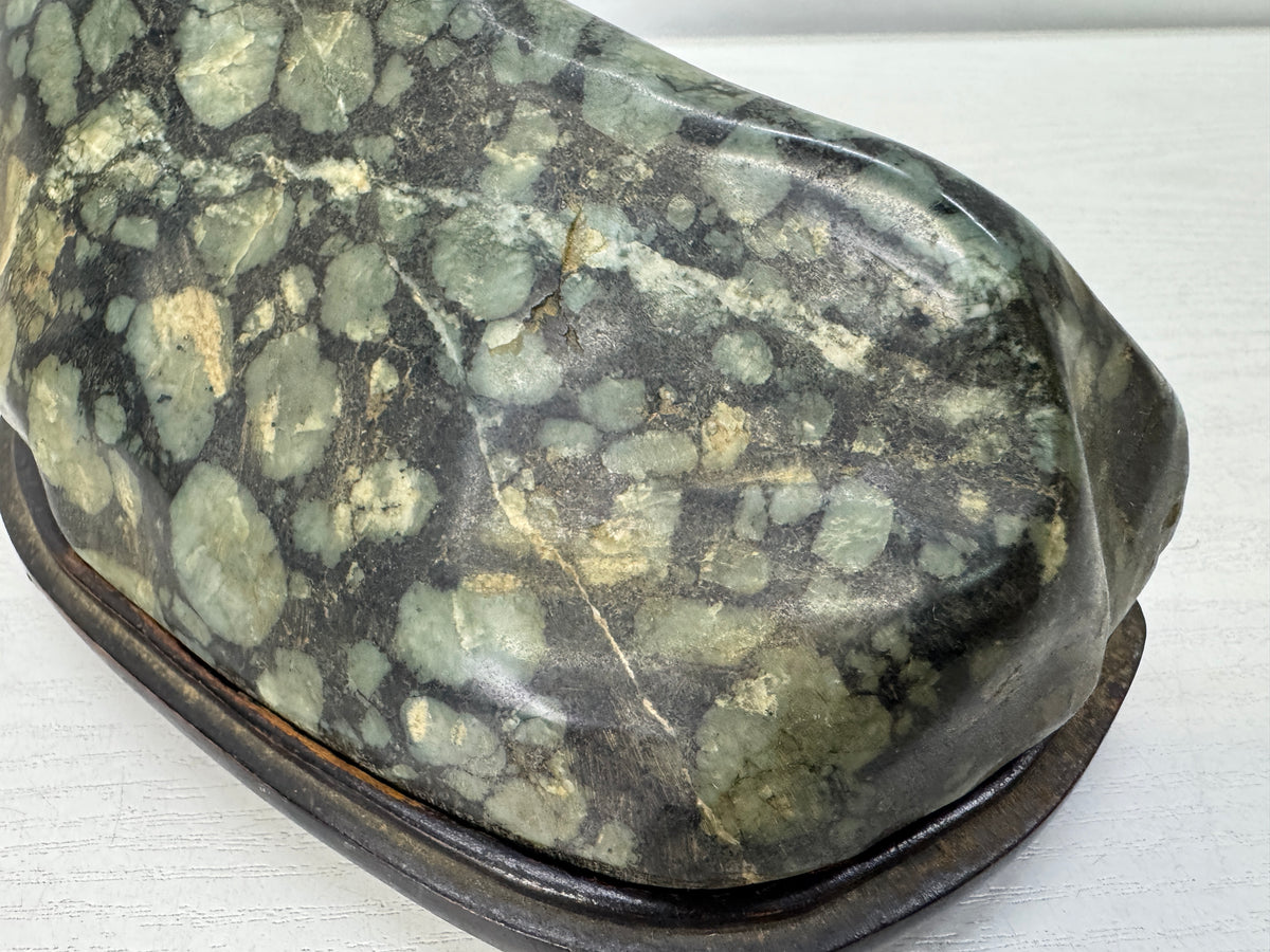 Y10997 OKIMONO Plum blossom raw stone wooden stand Japan antique interior decor