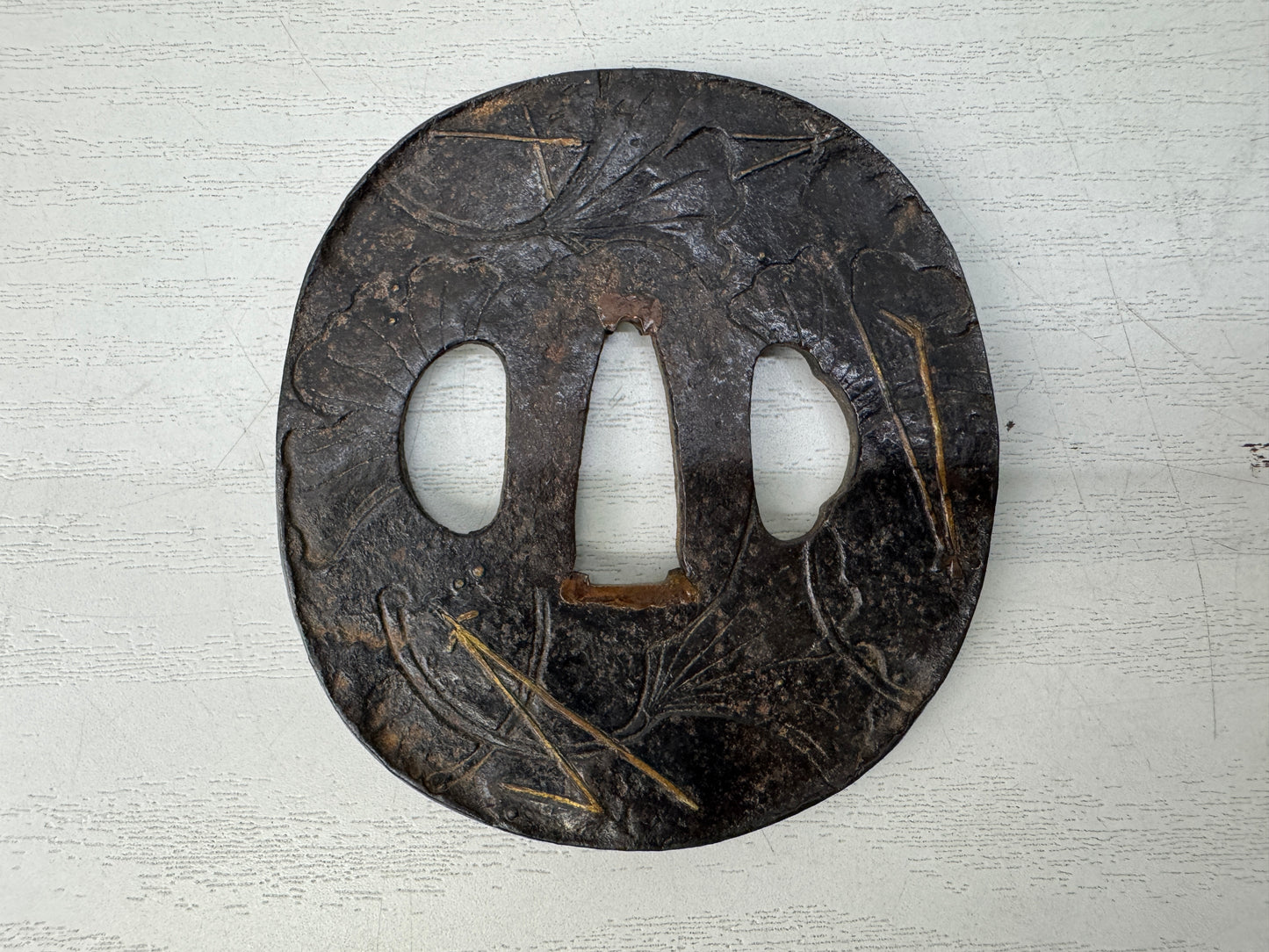 Y11008 TSUBA Iron sword guard Inlay Japan antique samurai katana koshirae bushi