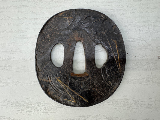 Y11008 TSUBA Iron sword guard Inlay Japan antique samurai katana koshirae bushi