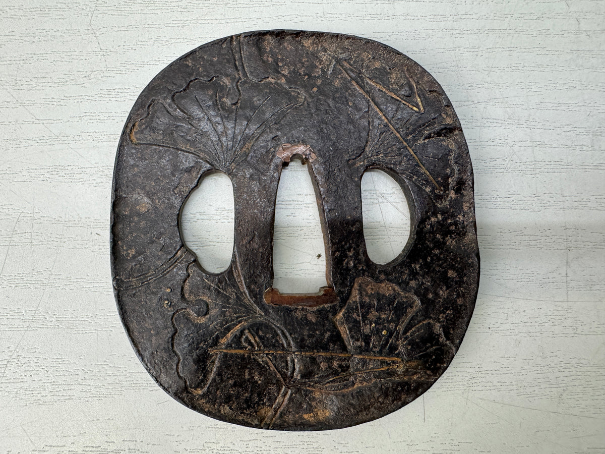 Y11008 TSUBA Iron sword guard Inlay Japan antique samurai katana koshirae bushi