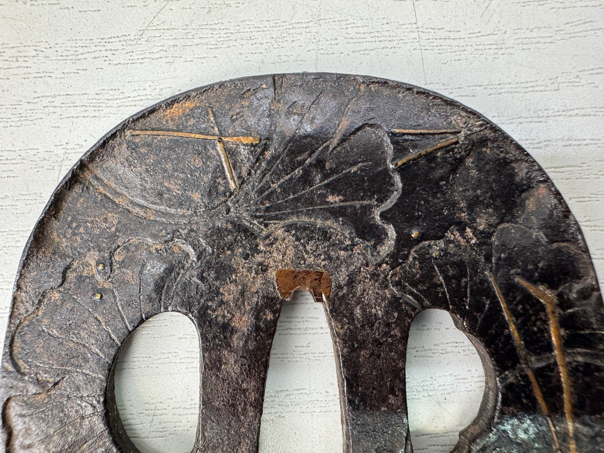 Y11008 TSUBA Iron sword guard Inlay Japan antique samurai katana koshirae bushi