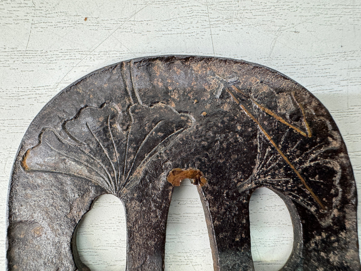 Y11008 TSUBA Iron sword guard Inlay Japan antique samurai katana koshirae bushi
