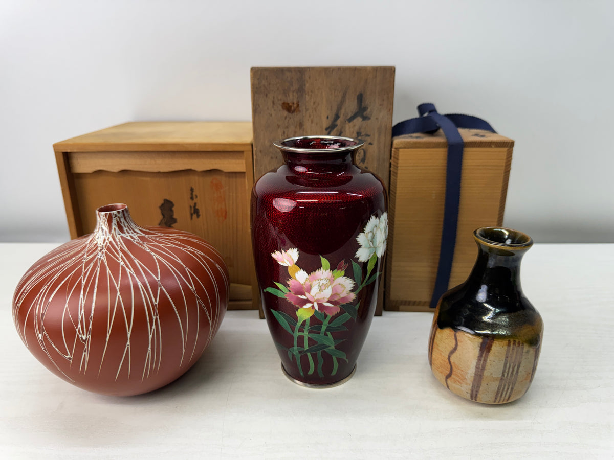 Y11010 FLOWER VASE set of 3 signed box Japan antique ikebana floral arrangement