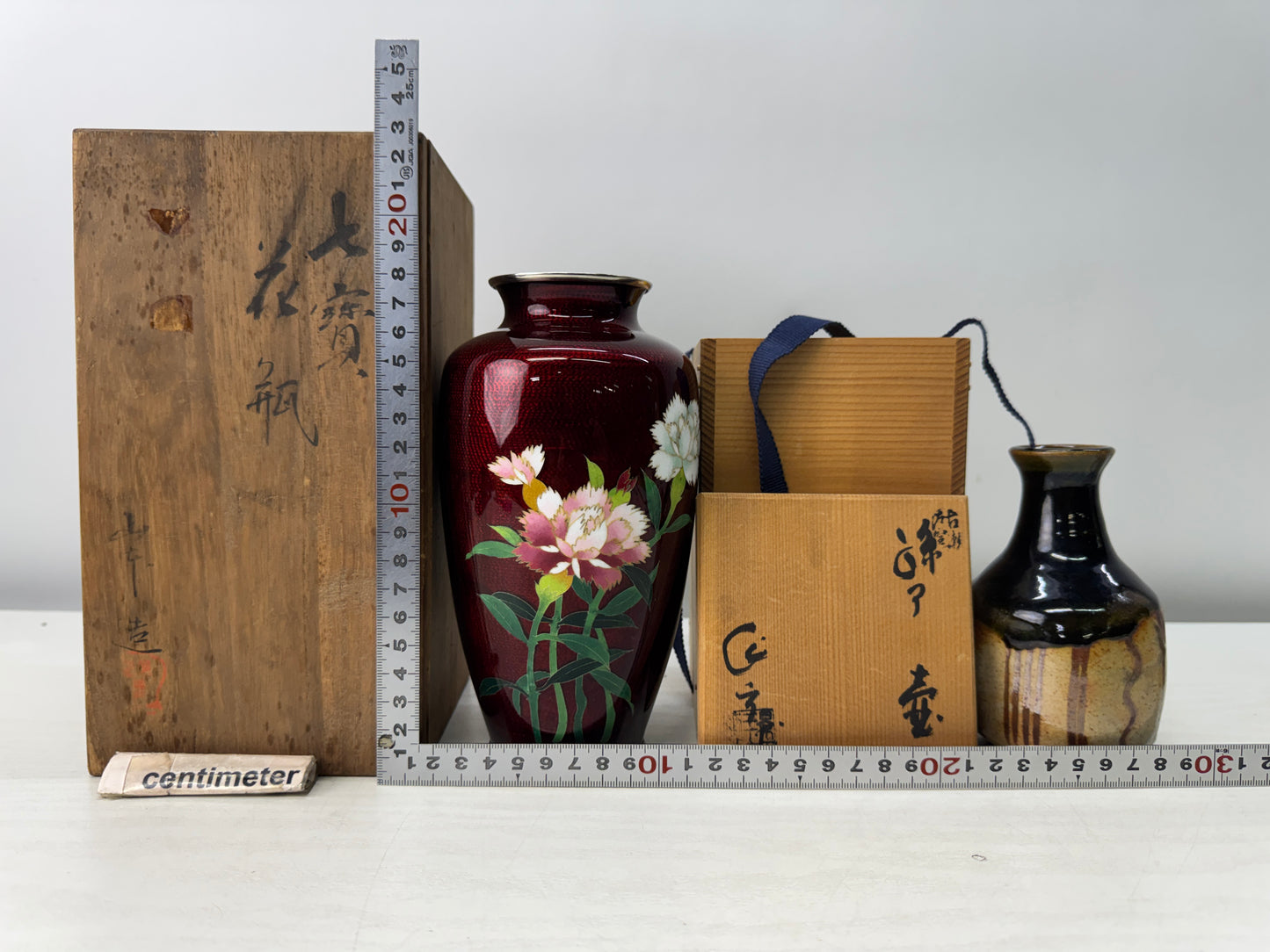 Y11010 FLOWER VASE set of 3 signed box Japan antique ikebana floral arrangement