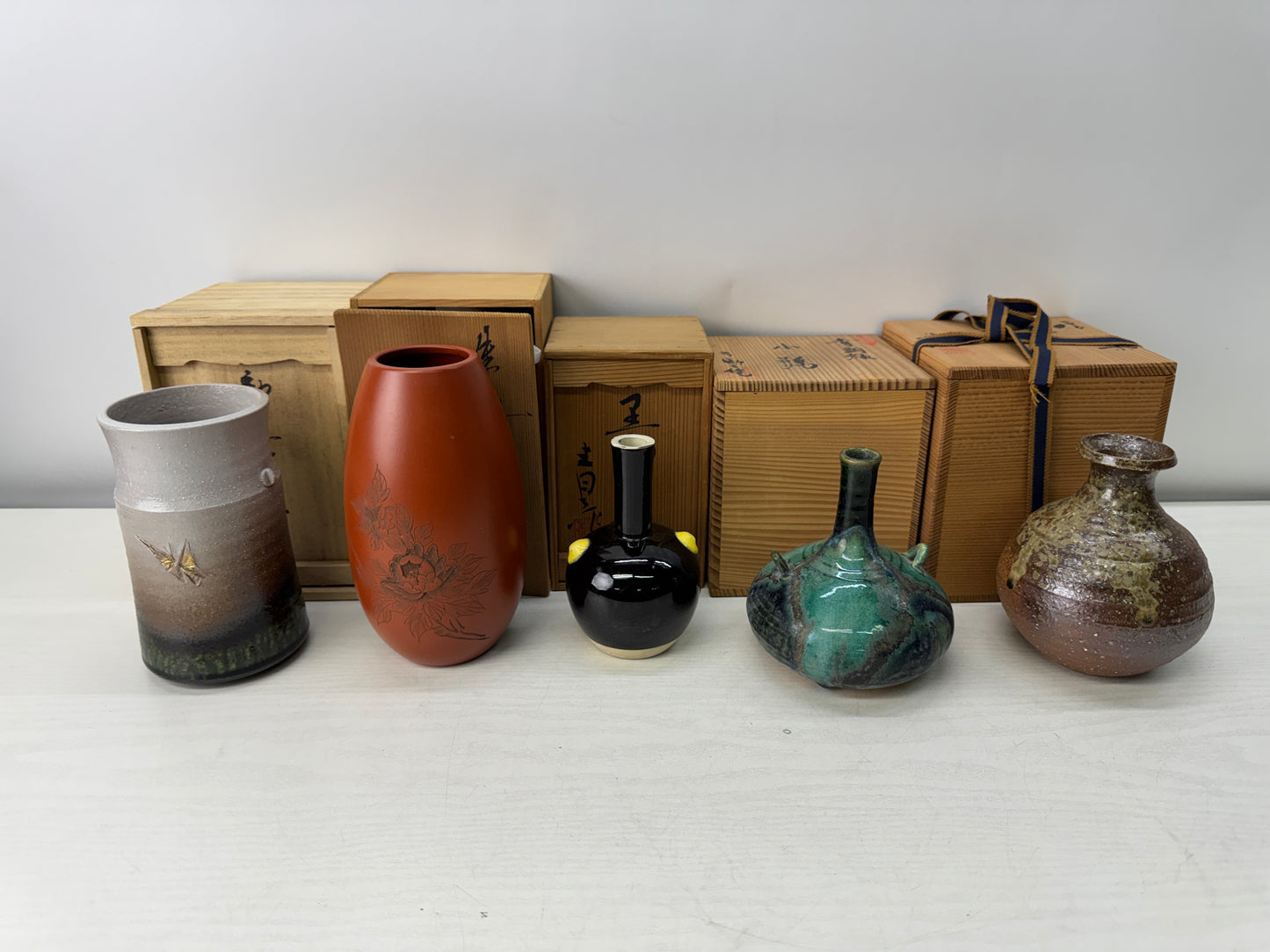 Y11011 FLOWER VASE set of 5 signed box Japan antique ikebana floral arrangement