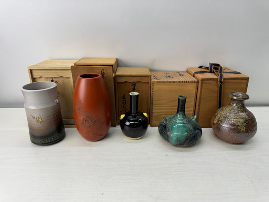 Y11011 FLOWER VASE set of 5 signed box Japan antique ikebana floral arrangement