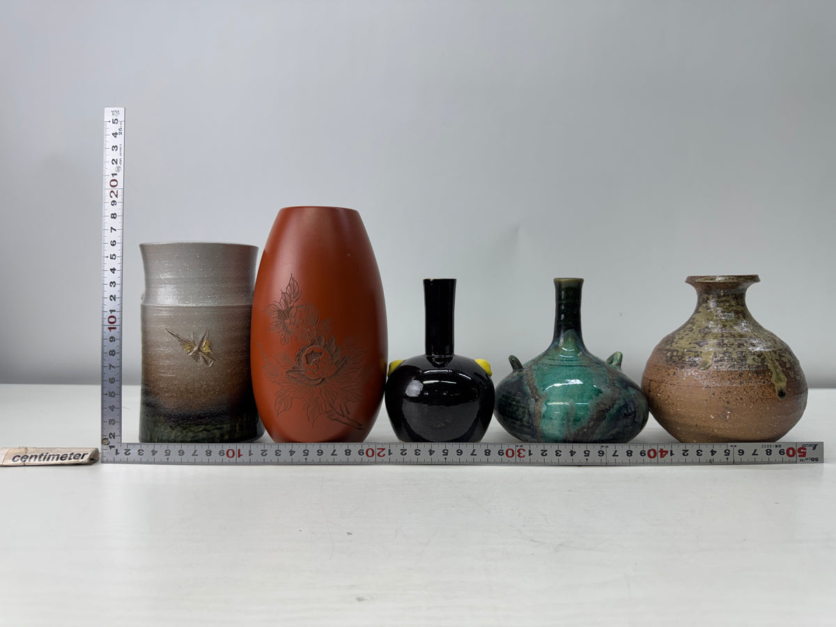 Y11011 FLOWER VASE set of 5 signed box Japan antique ikebana floral arrangement