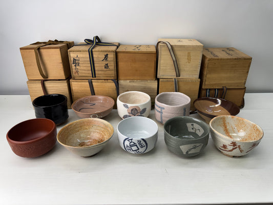 Y11018 CHAWAN Matcha bowls set of 10 signed box Japan antique tea ceremony cup