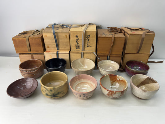 Y11020 CHAWAN Matcha bowls set of 10 signed box Japan antique tea ceremony cup