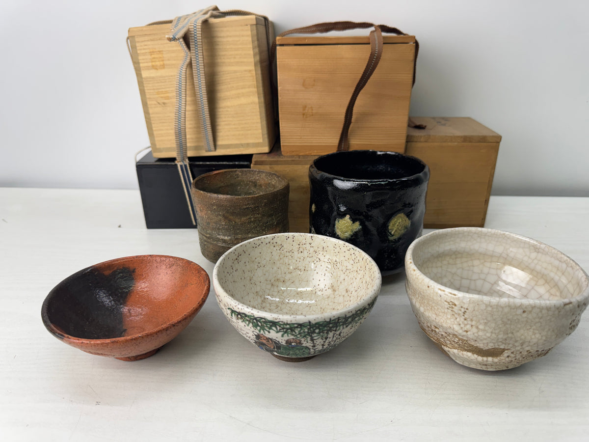Y11031 CHAWAN Matcha bowl set of 5 box Japan antique tea ceremony pottery cup