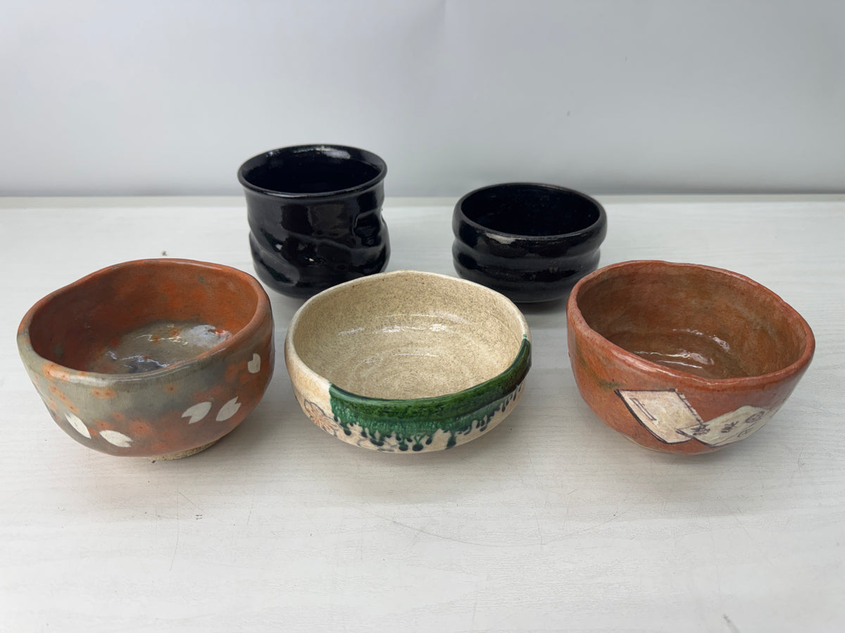 Y11032 CHAWAN Raku-ware Matcha bowl set of 5 signed Japan antique tea ceremony