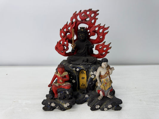 Y11043 STATUE wood carving Fudo Triad figure painted Japan antique Buddhist art