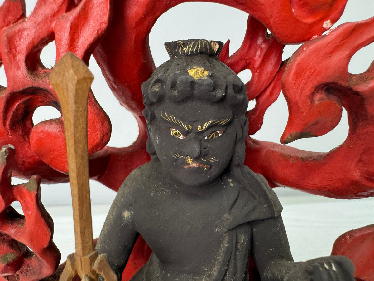 Y11043 STATUE wood carving Fudo Triad figure painted Japan antique Buddhist art