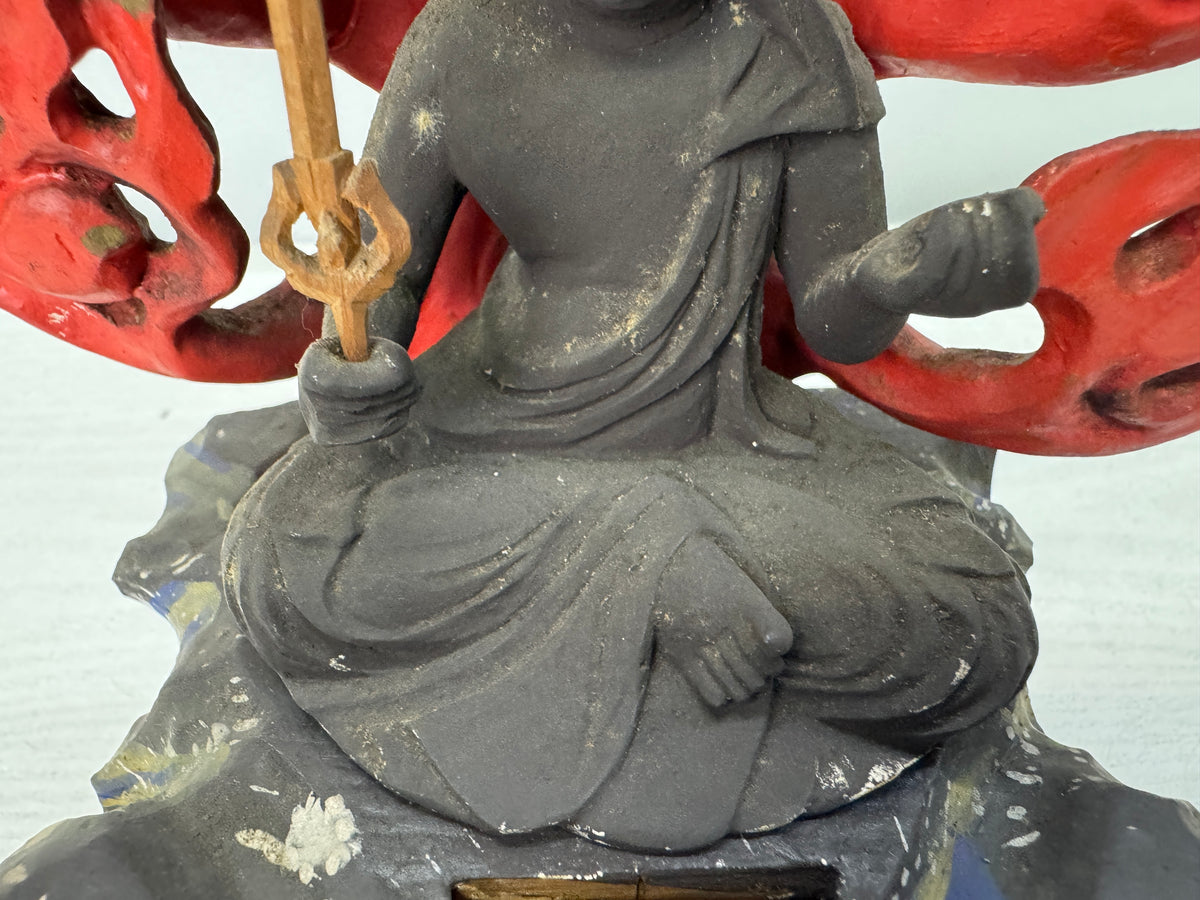 Y11043 STATUE wood carving Fudo Triad figure painted Japan antique Buddhist art
