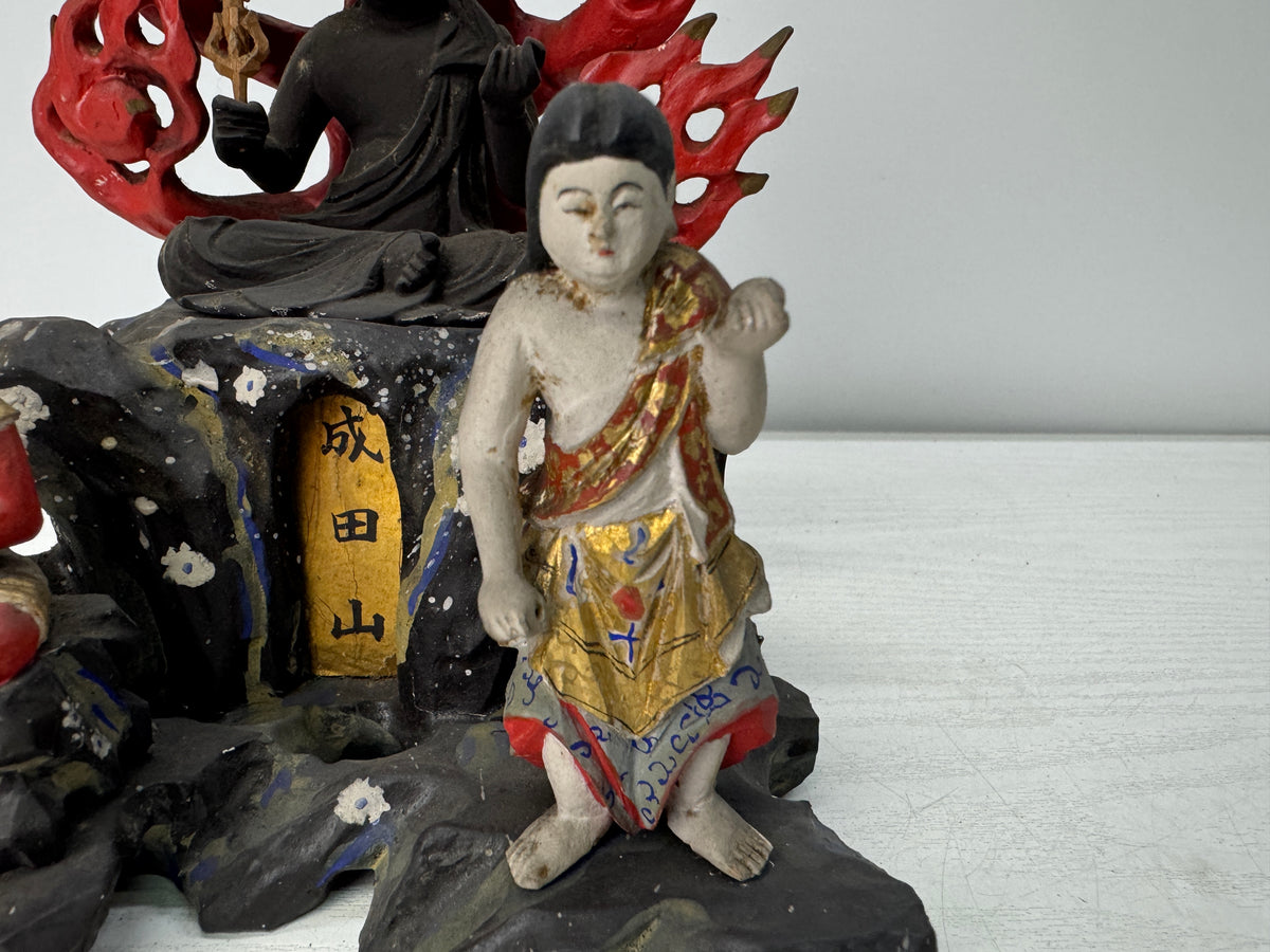 Y11043 STATUE wood carving Fudo Triad figure painted Japan antique Buddhist art