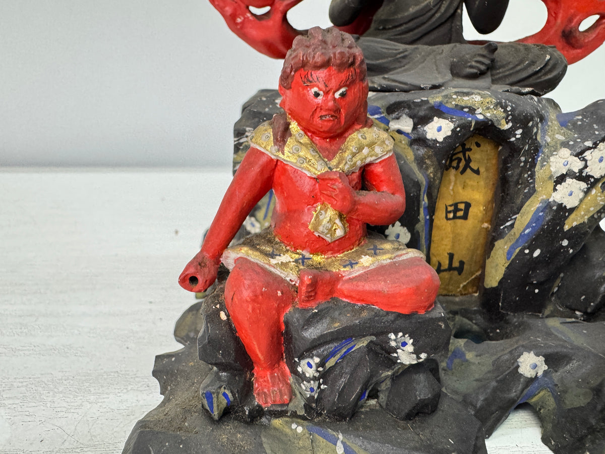 Y11043 STATUE wood carving Fudo Triad figure painted Japan antique Buddhist art