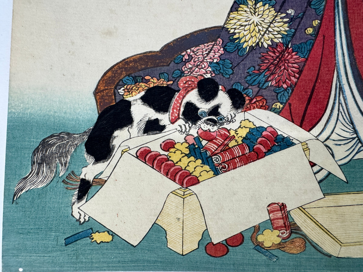 Y11044 WOODBLOCK PRINT Toyokuni Cat Beautiful woman backed creased Japan antique