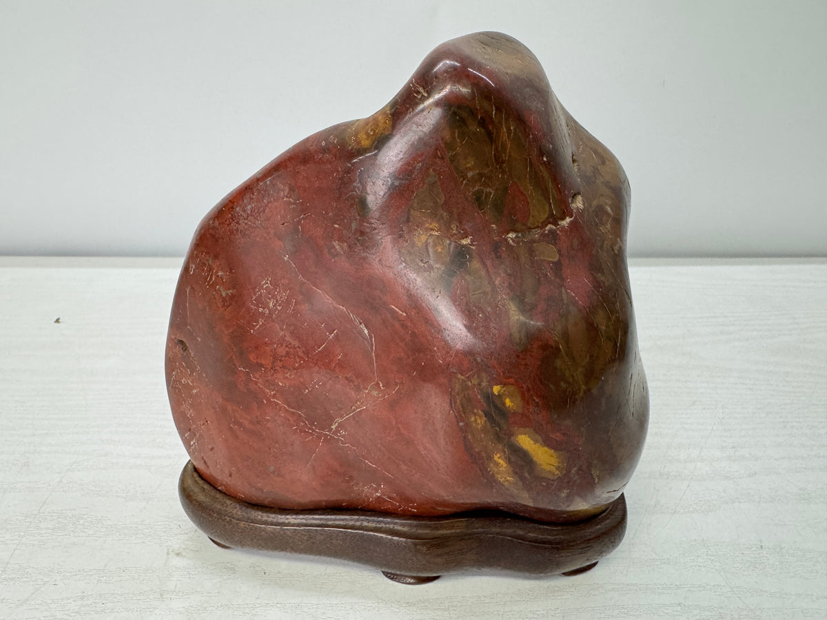 Y11056 OKIMONO Red Viewing stone wooden stand Suiseki Japan antique interior