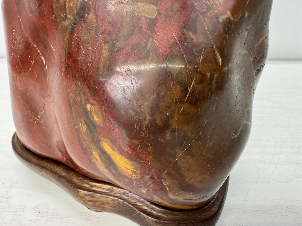 Y11056 OKIMONO Red Viewing stone wooden stand Suiseki Japan antique interior