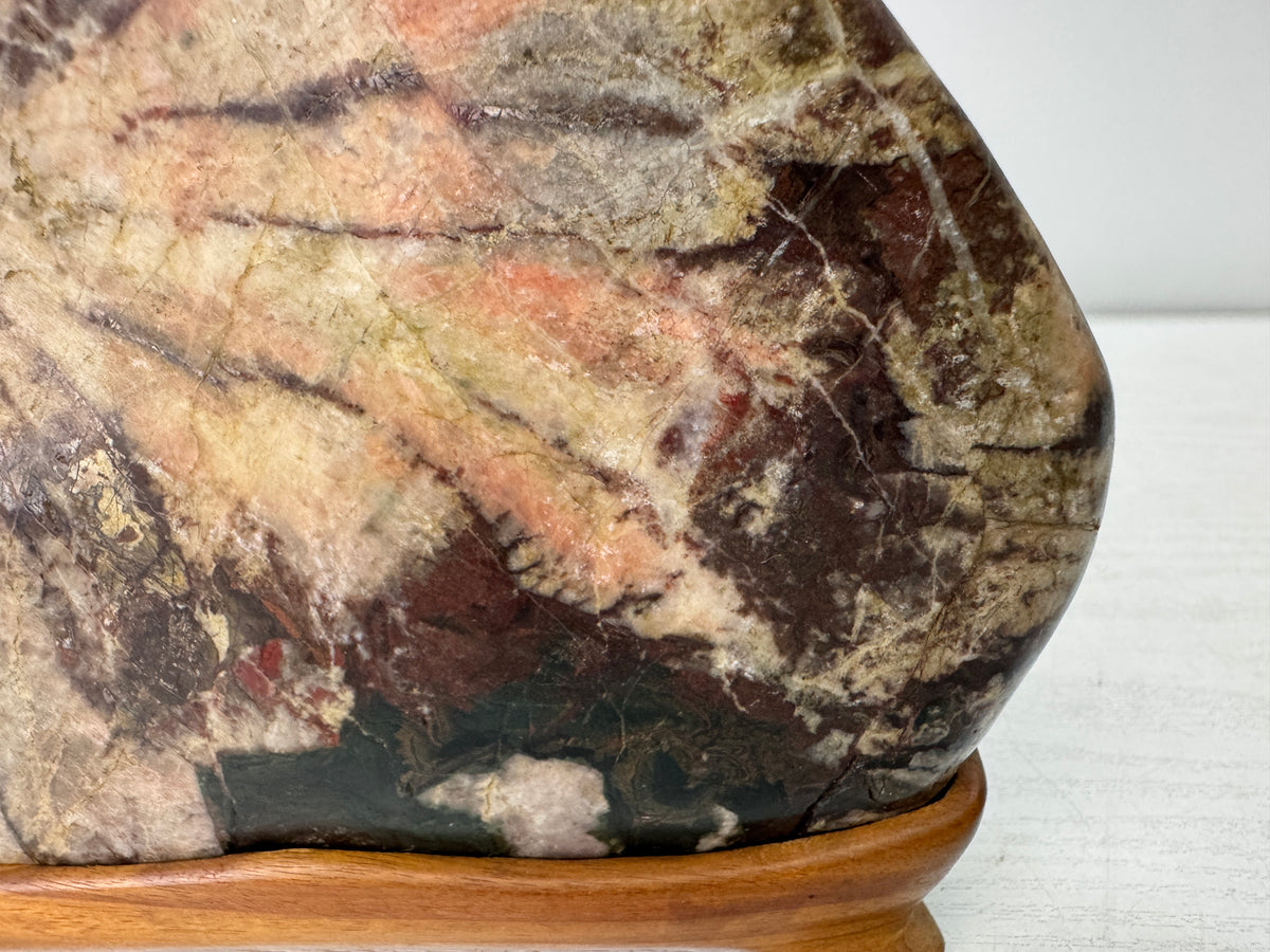 Y11057 OKIMONO Chrysanthemum stone wooden stand Suiseki Japan antique interior