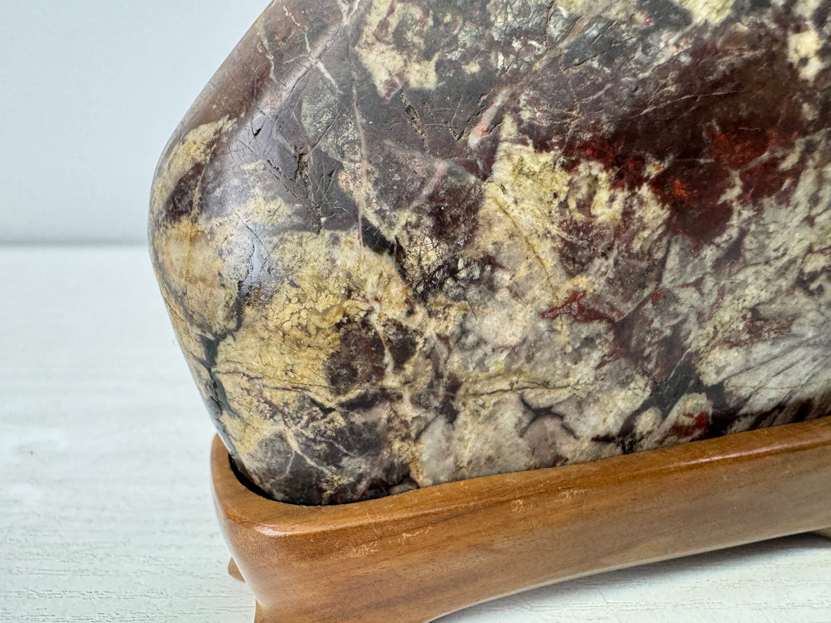 Y11057 OKIMONO Chrysanthemum stone wooden stand Suiseki Japan antique interior