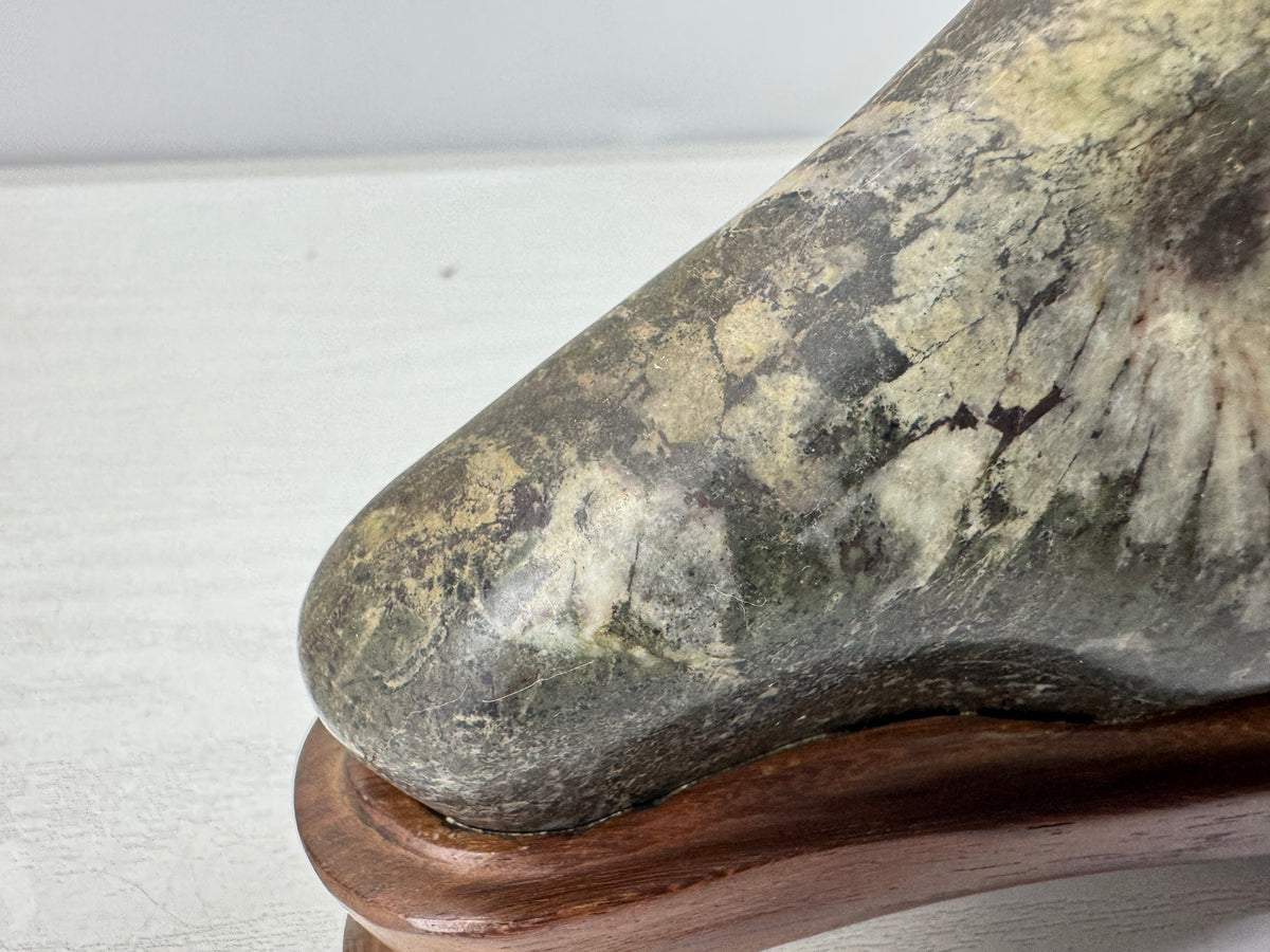 Y11058 OKIMONO Chrysanthemum stone wooden stand Suiseki Japan antique interior