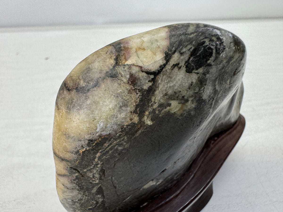 Y11058 OKIMONO Chrysanthemum stone wooden stand Suiseki Japan antique interior